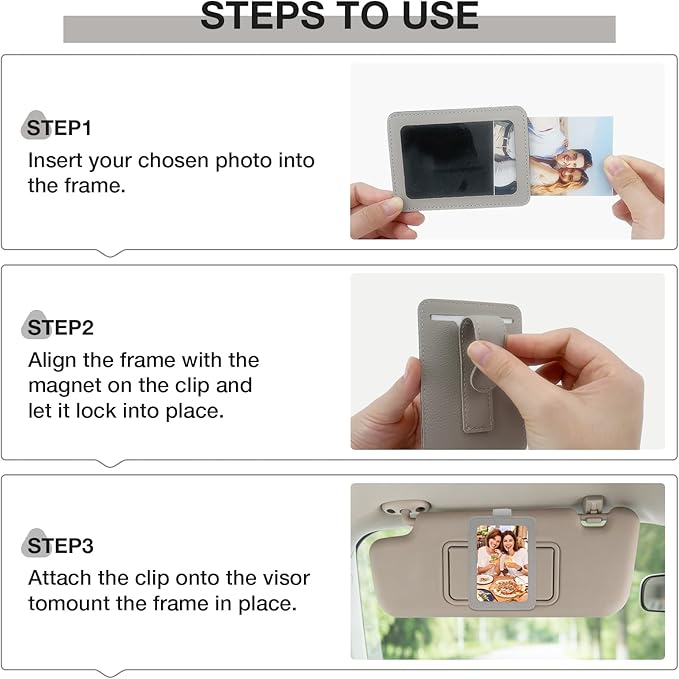 HIIXHC 2Pcs Car Picture Holder, Magnetic Car Photo Holder, Sun Visor Photo Clip for 3 Inch Photos, Personalized PU Leather Visor Clip for Drive Safe Daddy/Family/Pet Pictures | Car Accessories