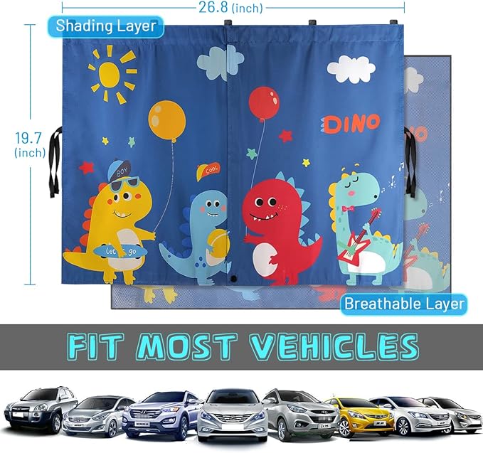 Car Window Shades, 2 PCS Magnetic Double Layer Sun Shade, Side Windows Privacy, Full Covers/Half Shade Options, Cute Dinosaurs, Compatible with Car, SUV, Minivan