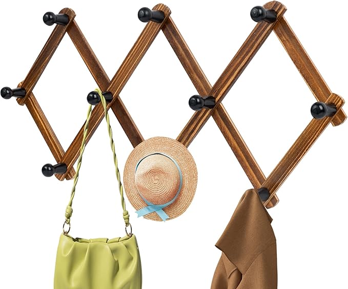 Accordion Wall Hanger, Wood Expandable Wall Mounted Hanger with 10 Hooks for Coats,Hats,Coffee Mug Ect,1 Pack Included,10 Peg