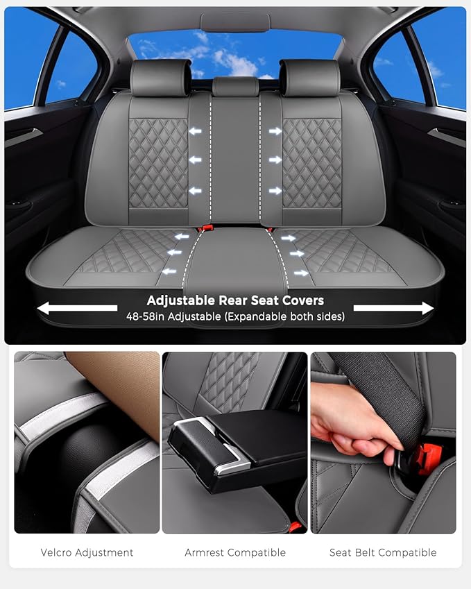 Huidasource Gray Seat Covers Full Set, Gray Seat Covers 5 Seats Waterproof Nappa Leather, Universal Fit for Most Cars,Van,Tru
