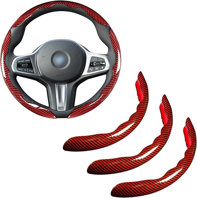 Car Steering Wheel Cover Set Bright Carbon Fiber Wrap Non-Slip 3pcs Steering Wheel Accessories 14.5-15 inch Universal (Red)
