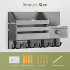 Key Holder Wall Mount, Wooden Adhesive Mail and Key Organizer with Drawer, Small Shelf, 8 Hooks, 2 Installation Methods, Gray