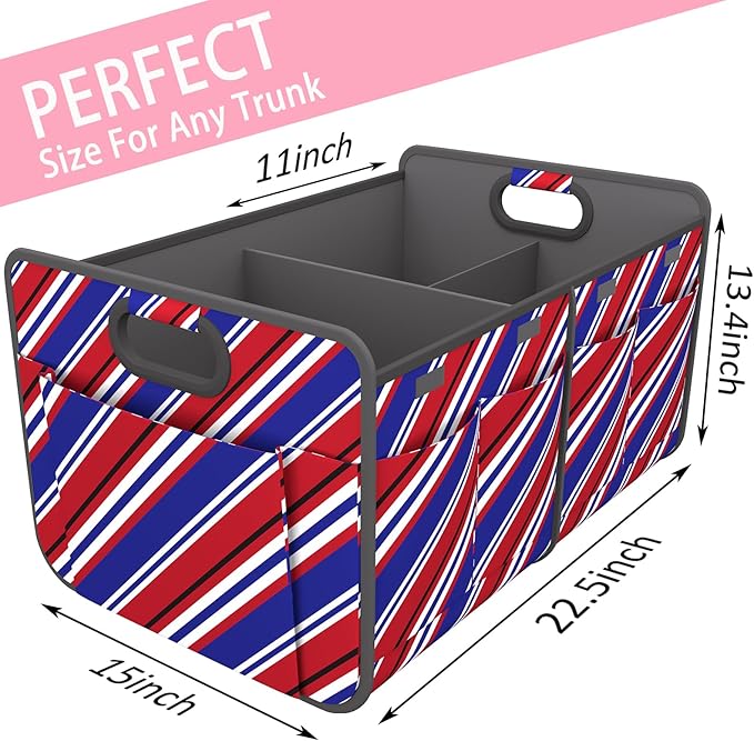 Homeve Trunk Organizer, Car Storage, Reinforced Handles, Collapsible Multi-Compartment, Foldable, Waterproof, Sturdy, 600D Oxford Polyester For Car, SUV, Mini-Van, Red Blue Twill, 2 Compart