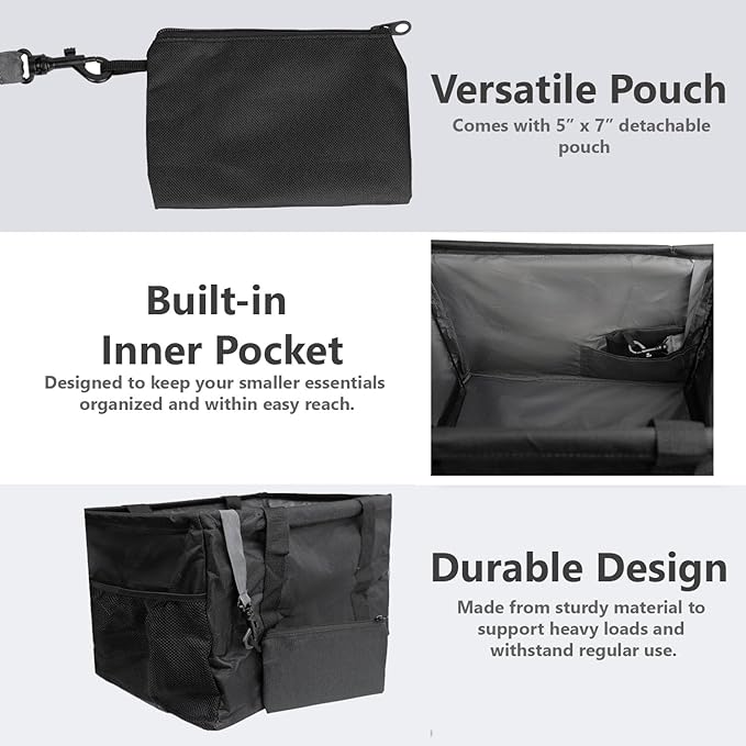 Extra Large Utility Tote Bag - Oversized Collapsible Tote with Wire Frame, Durable Reusable for Beach, Groceries, Laundry, Car Trunk, Storage and Travel - Includes 5x7 Bag with Hook - Black