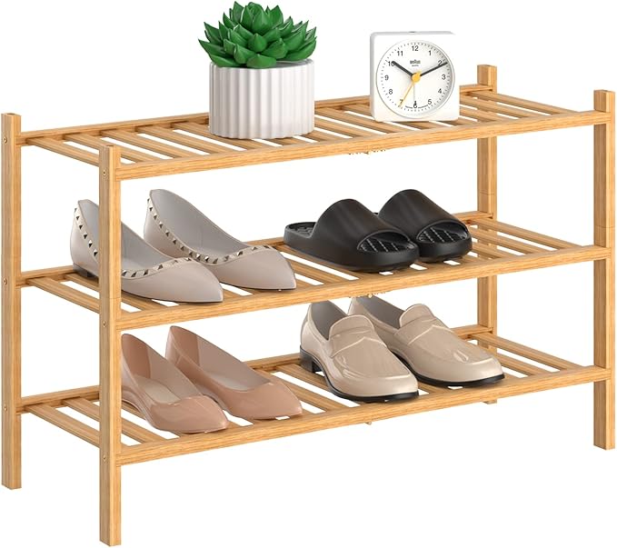 RONGJlA 3 Tier Bamboo Shoe Rack for Closet Free Standing Wood Shoe Shelf Storage Organizer for Entryway Small Space Stackable