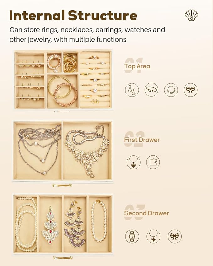 Enthralite Jewelry Box with 2 Drawers: Display Organizer for Earrings Necklaces - Gift for Girls Women (White)