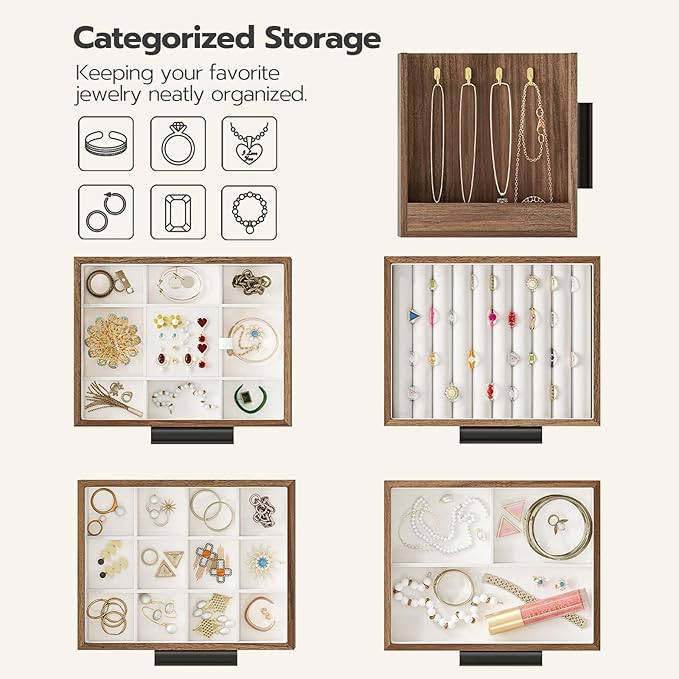 HOOBRO Jewelry Box for Women, Wooden Jewelry Organizer with Transparent Window, 4-Layer Jewelry Organizer Box, Jewelry Holder