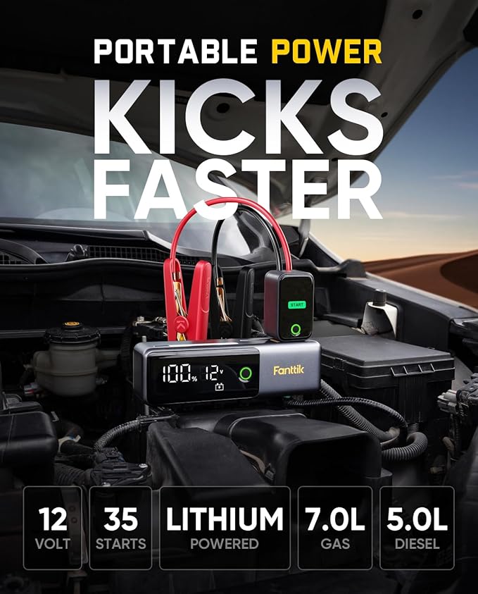 Fanttik Potent T10 1800A Portable Jump Starter, 12000mAh Power Bank, 12V Safe Lithium Jump Box with Smart SenseClamp,
