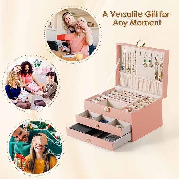 coobest 3 Layer Jewelry Box, Jewelry Holder with Lockable Drawer, Large Jewelry Boxes & Organizer with Velvet Earring Holder,