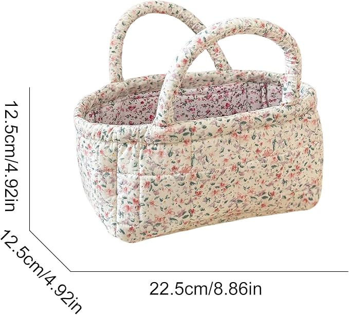Small Storage Basket Organizer, Mini Fabric Floral Storage Baskets with Handle, Quilted Portable Collapsible Storage (O)