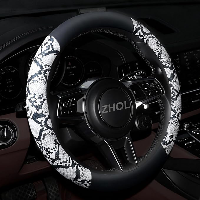 ZHOL Snake Skin Steering Wheel Cover, Universal 14.5-15 inch Breathable Microfiber Leather Anti-Slip Car Steering Wheel Prote