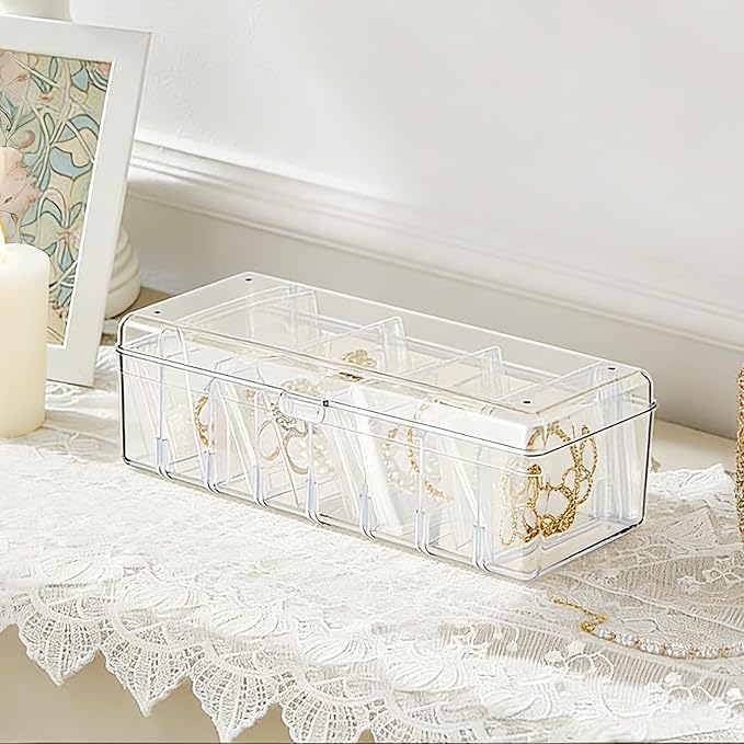 KAMJUNTAR Acrylic Jewelry Box Organizer, Clear Jewelry Organizers and Storage Box with 60 Portable Anti Tarnish Bags, Travel 