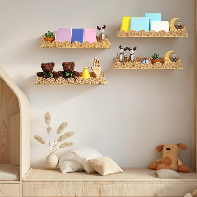 Pinkunn 4 Pcs Nursery Book Shelves 23.6 Inch Rattan Scalloped Floating Bookshelves Wicker Boho Book Shelf for Wall Mounted De