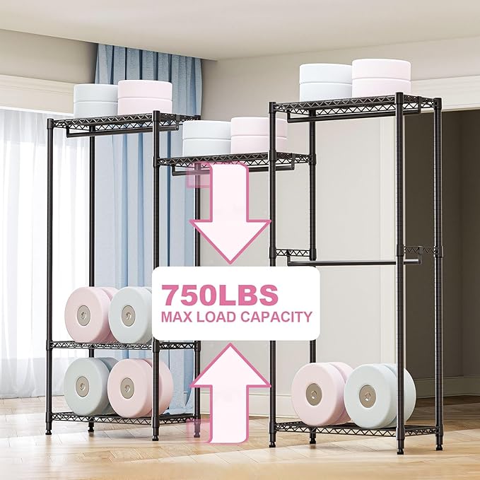 M MZG Heavy Duty Rolling Garment Rack 6 Tiers Adjustable Wire Shelving Clothes Rack with Rods Storage Closet Clothing Rack Bl