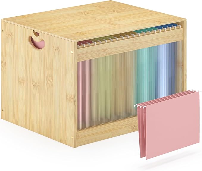 Hanging File Box Organizer for Letter Size, Bamboo Acrylic File Folder Storage with Lid Clear Moving Boxes Wooden with Handle