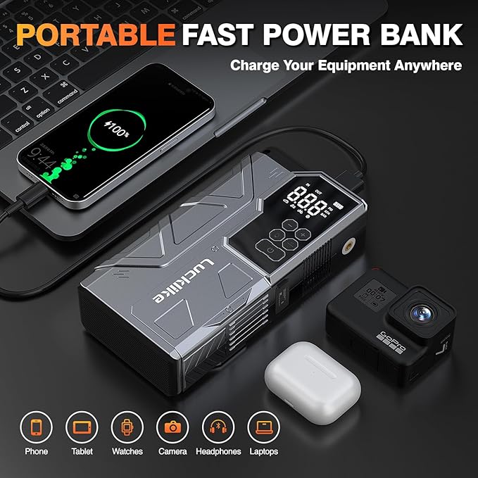 Lucklike W210 Jump Starter with Air Compressor 150 PSI, 12V 6000A Peak Lithium Car Battery Jump Starter for All Gas and