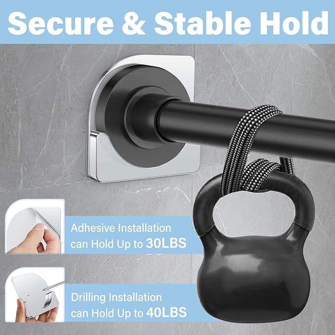 Metal Shower Curtain Rod Holders, Heavy Duty No Drill Adhesive Wall Mount or Screw Brackets, Rustproof Waterproof Rod Support