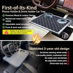 Car Food Tray & Car Table Tray with Car-Grade Aluminum Cup Holder & Phone Stand, Premium Wood with Leather Surface, 360° Rotating Car Desk for Laptop &Eating (Square, Black&Grey)