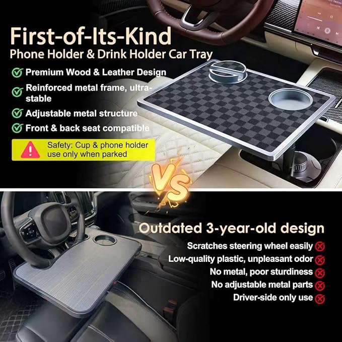Car Food Tray & Car Table Tray with Car-Grade Aluminum Cup Holder & Phone Stand, Premium Wood with Leather Surface, 360° Rotating Car Desk for Laptop &Eating (Square, Black&Grey)