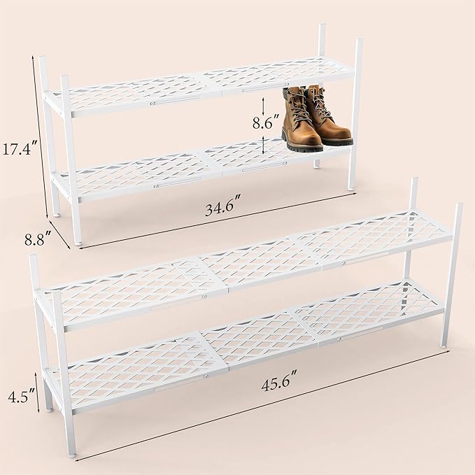 Shoe Rack, Expandable Shoes Organizer Metal Shelf Stand, 2 Tier Stackable Long Shoe Storage Holder For Closet, Floor, Entrywa