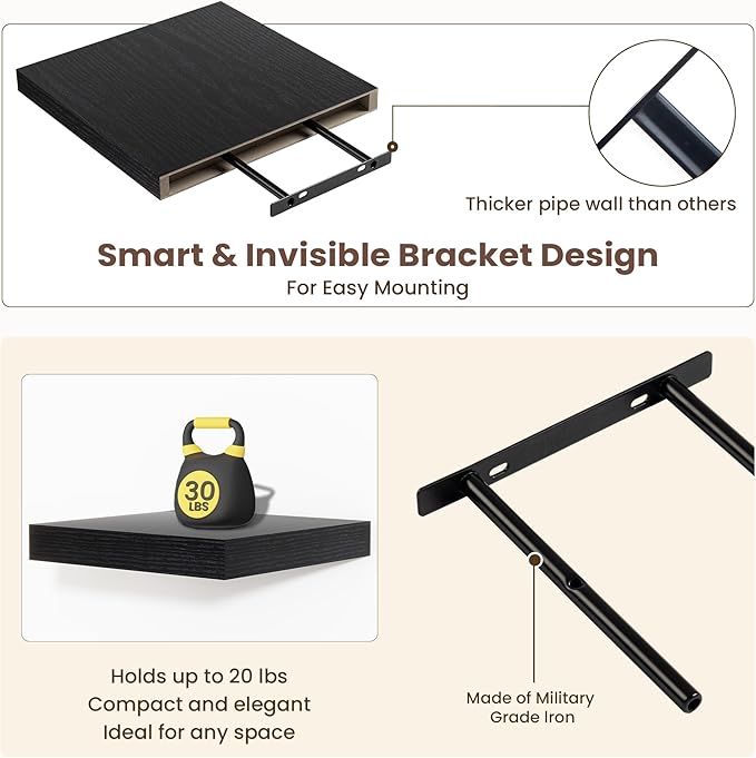 Fun Memories Floating Shelves for Wall - 12 Inch Square Shelves with Invisible Brackets, Black Small Wall Shelf for Living Ro