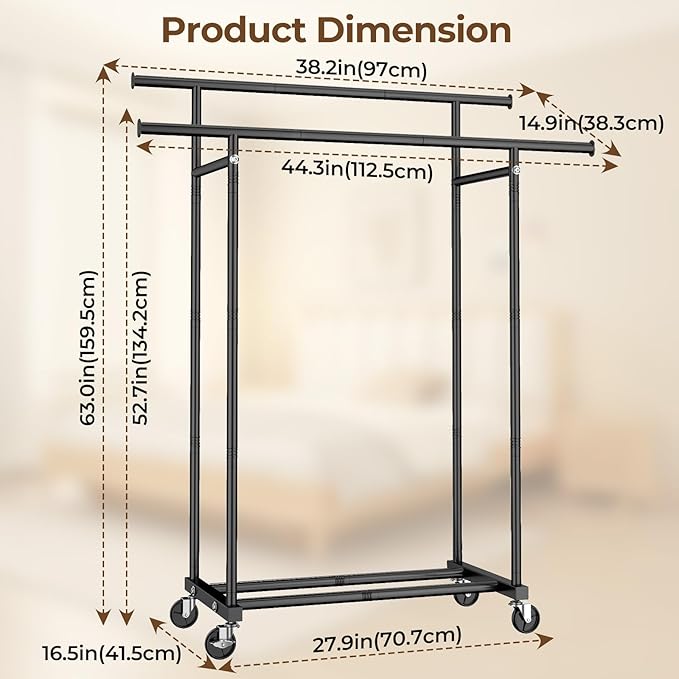 HYSEYY Double Rods Clothes Rack, Rolling Clothing Rack for Hanging Clothes Portable Wardrobe Rack, Metal Garment Rack Sturdy 