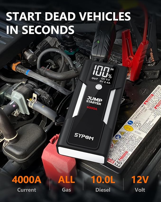 Portable Jump Starter, 4000A Peak Car Battery Charger, 12V Jump Box for Truck up to 10L Diesel, Motorcycle, Dual USB, LED Lig