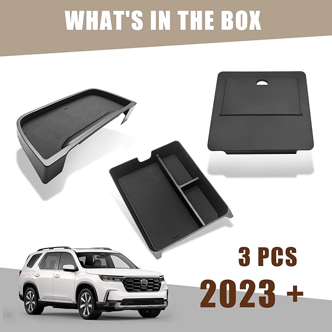 Muslogy for Pilot Center Console Organizer & Dash Storage Tray & Magnet Armrest Hidden Storage Compartment 3PCS Set Compatible with Honda Pilot 2023-2025(Console +Dash Tray+Hidden Organizer)
