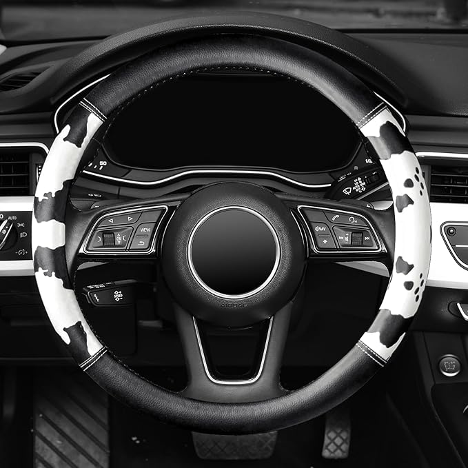 Cow Print Steering Wheel Cover, Universal 14.5-15 inch Breathable Microfiber Leather Anti-Slip Car Steering Wheel Protector f