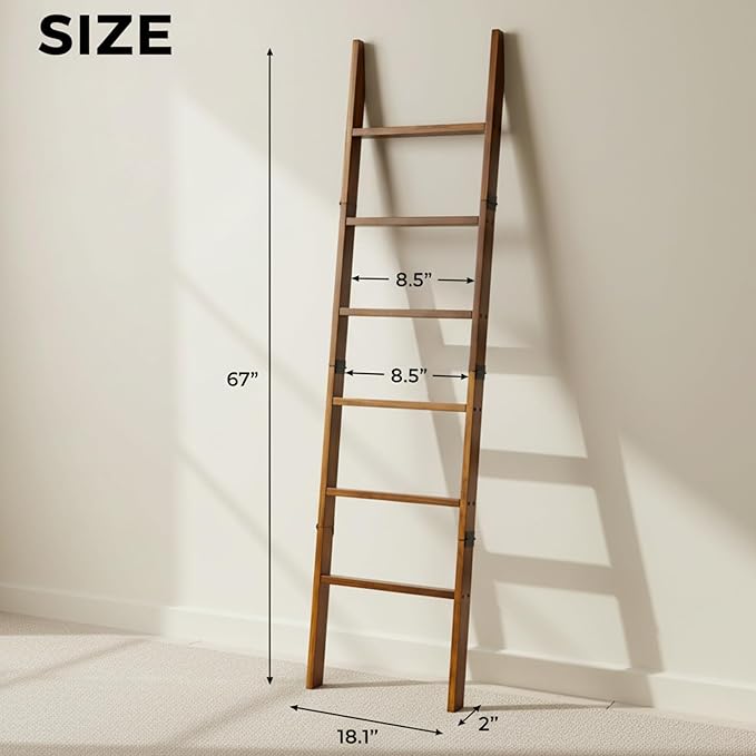 Blanket Ladder for Living Room 6-Tier, Wooden Decorative Quilt Holder for Bed Room, Wall-Leaning Towel Rack for Bathroom, Dec