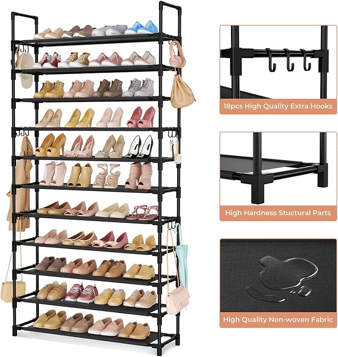LANTEFUL 11 Tiers Tall Shoe Rack Holds 55 Pairs of Shoes with 18pcs Hooks Sturdy Wide Shoe Organizer Storage Free Standing Me