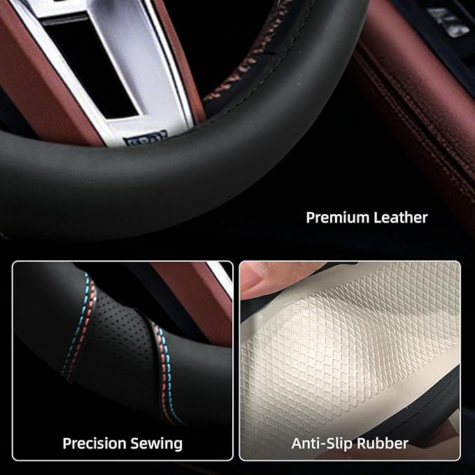 Microfiber Leather Steering Wheel Cover with Anti-Slip Lining Breathable and Soft Universal 14.5-15 inch, Easy to Install Ste