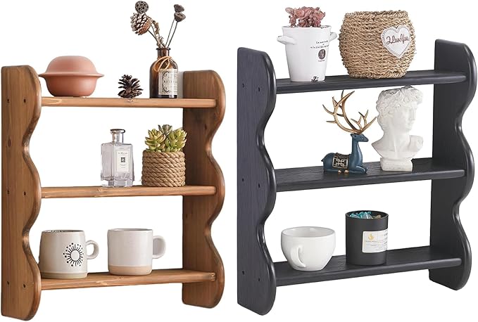 Solid Wood Wall Shelf 3-Tier,Black Wall Shelf, Rustic Floating Shelves Wall Mounted Storage Rack,Vintage Wall Shelves Wall Mo