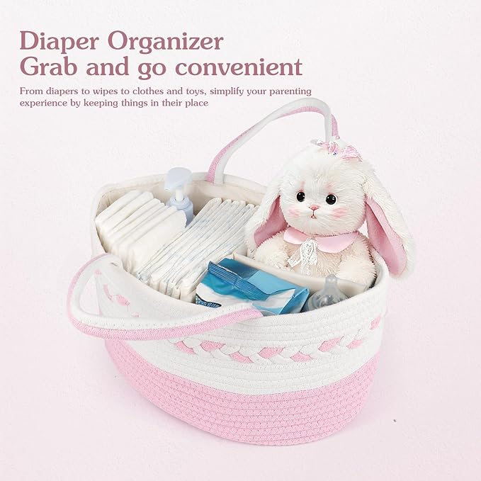 Diaper caddy Organizer, Cotton Rope Gift Basket with Removable Divider, Nursery Storage Organizer for Baby Essentials, Changi