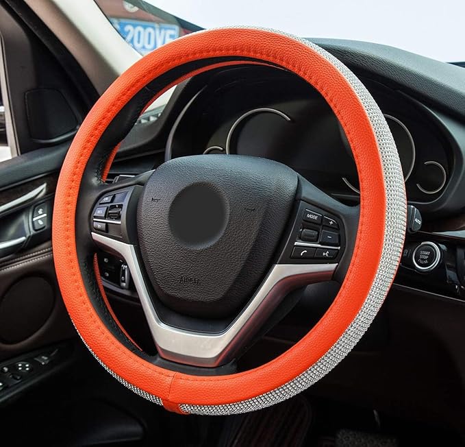 New Diamond Leather Steering Wheel Cover with Bling Bling Crystal Rhinestones, Universal Fit 15 Inch Car Wheel Protector for 