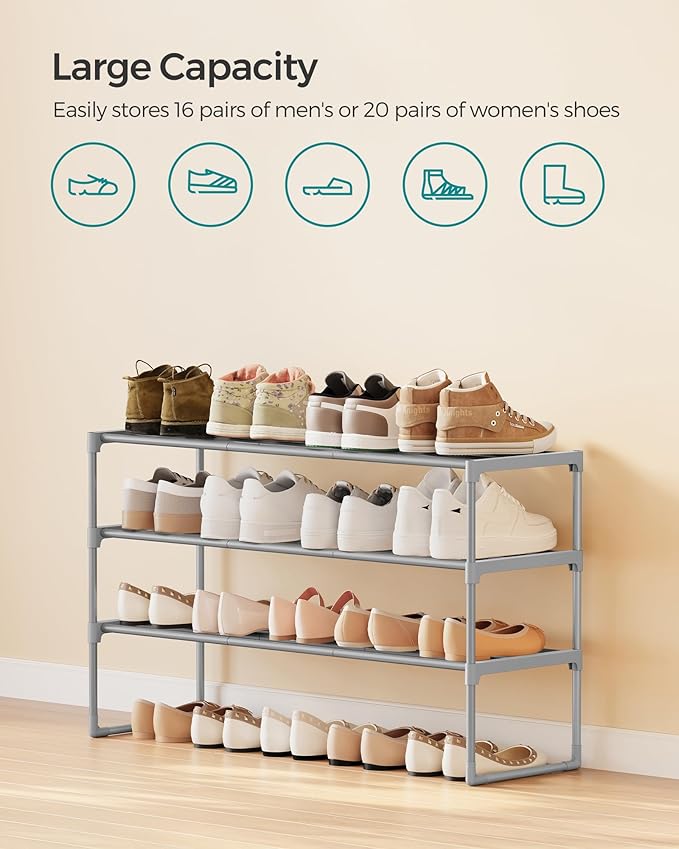 SONGMICS Shoe Rack, 3-Tier Shoe Organizer, Metal Storage Shelf, Upright or Upside Down, for 16-20 Pairs, Stackable, for Entry