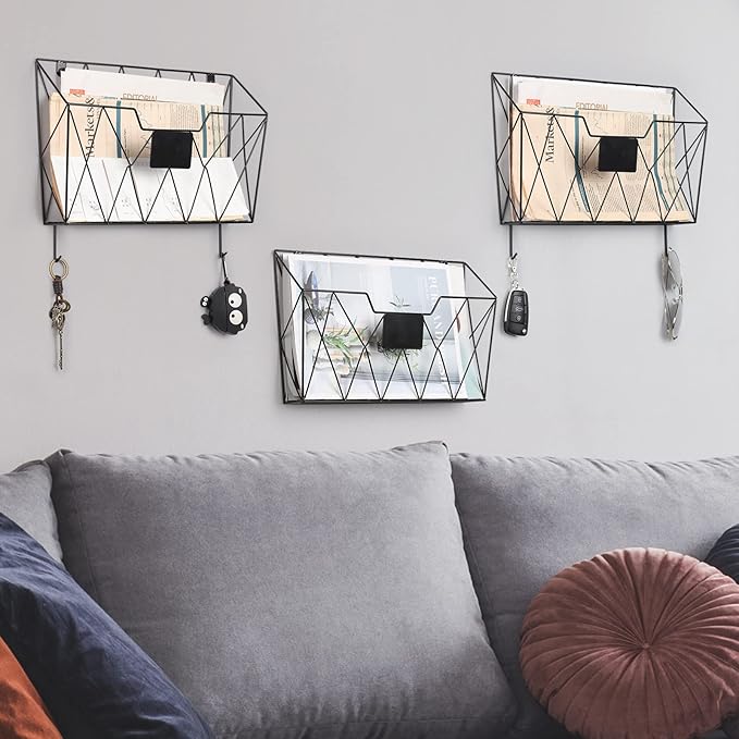 YBING Wall File Organizer for Office Hanging Wall File Holder and Basket Set of 3 Hanging File Rack with Hooks Metal Wall Sto