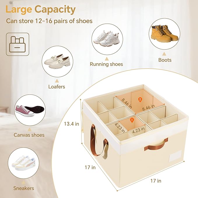 Criusia Shoe Organizer for Closet, 2 Pack Foldable Shoe Storage Organizer Box Bin with Adjustable Dividers and Clear Cover, C