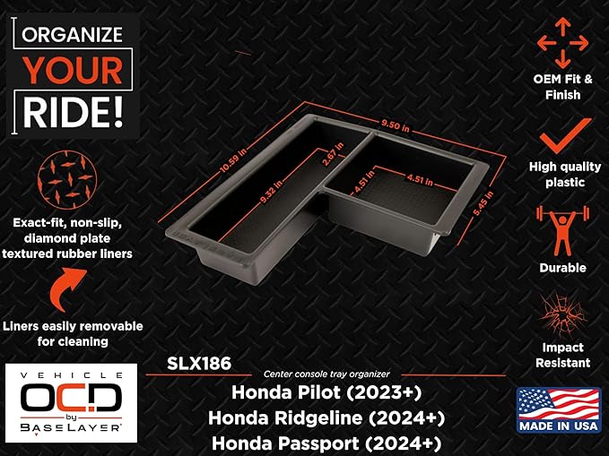 Vehicle OCD – Center Console Tray for Pilot (2023-2026), Ridgeline (2024-2026), and Passport (2024-2026) – Made in USA - SLX186
