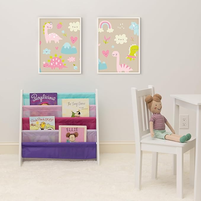 Humble Crew 4-Tier Kids Bookshelf, White/Pink/Purple/Blue - Premium Book Shelf for Kids Rooms with Four Deep Pockets - Toddle