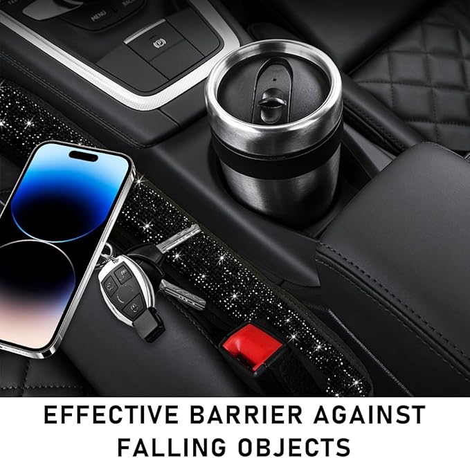 2PCS Bling Car Seat Gap Filler, Sparkling Rhinestone Side Seat Gap Blocker Stop Things from Dropping, Soft Foam Car Truck Filler Blocker Fill The Gaps Between Seats and Console (Black)