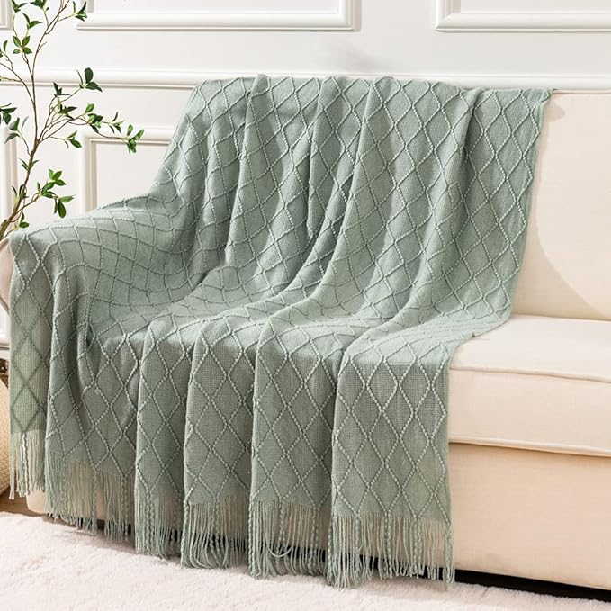 BATTILO HOME Sage Green Throw Blanket for Couch, Boho Bed Throws Blanket, Spring Decorative Light Blue Throw Blanket for Sofa