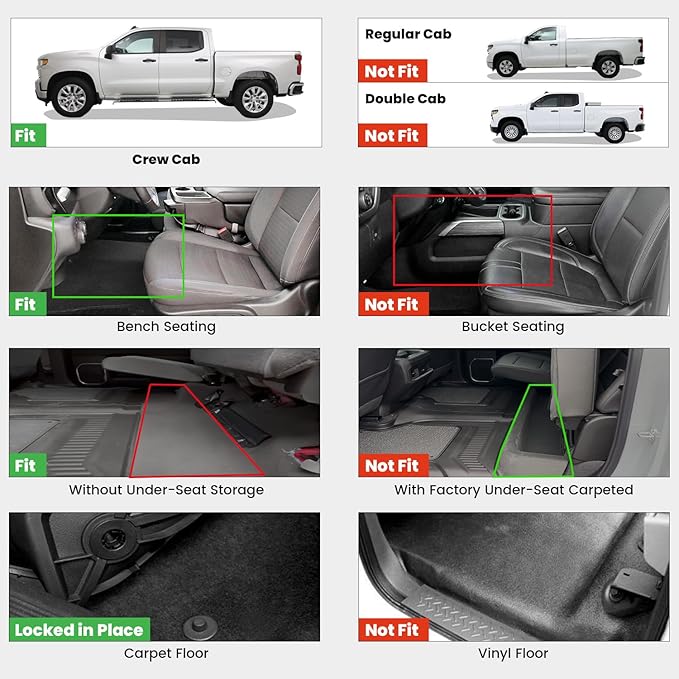 LASFIT Floor Mats 2019-2026 for Chevy Silverado/GMC Sierra 1500, 2020-2026 2500HD 3500HD, Crew Cab/Bench Seat Only, Fit Without Rear Underseat Storage Box, All Weather TPE Custom Fit Floor Liners