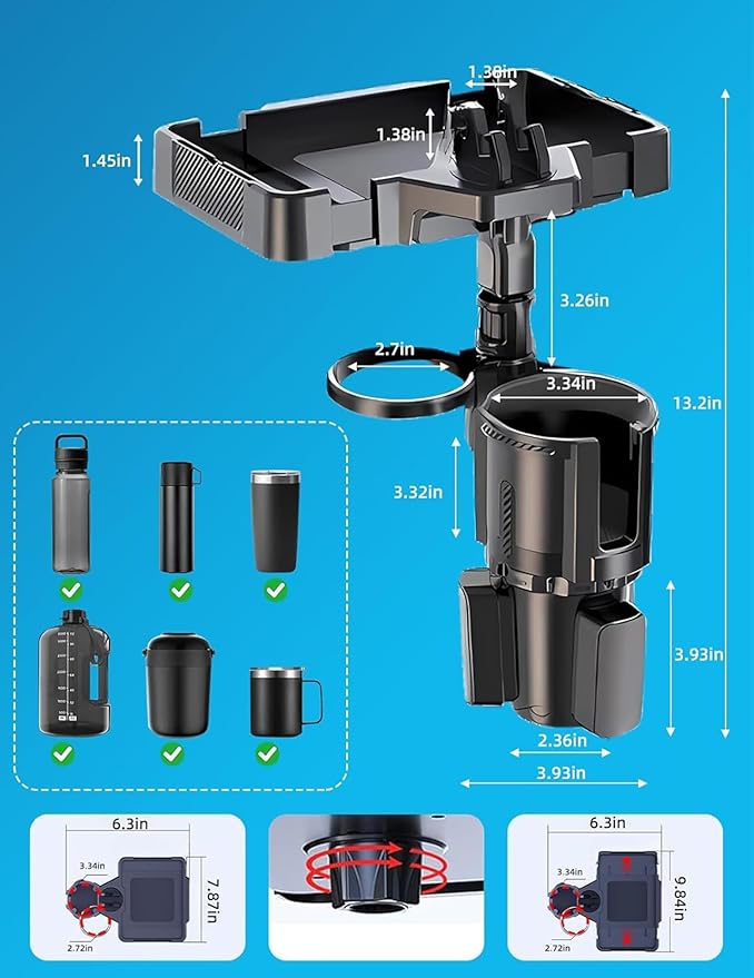 Car Cup Holder Tray, 10 Inch 4-in-1 Cup Holder Tray, 360° Rotating Drink Holder Expander with Detachable Food Tray & Phone Ho