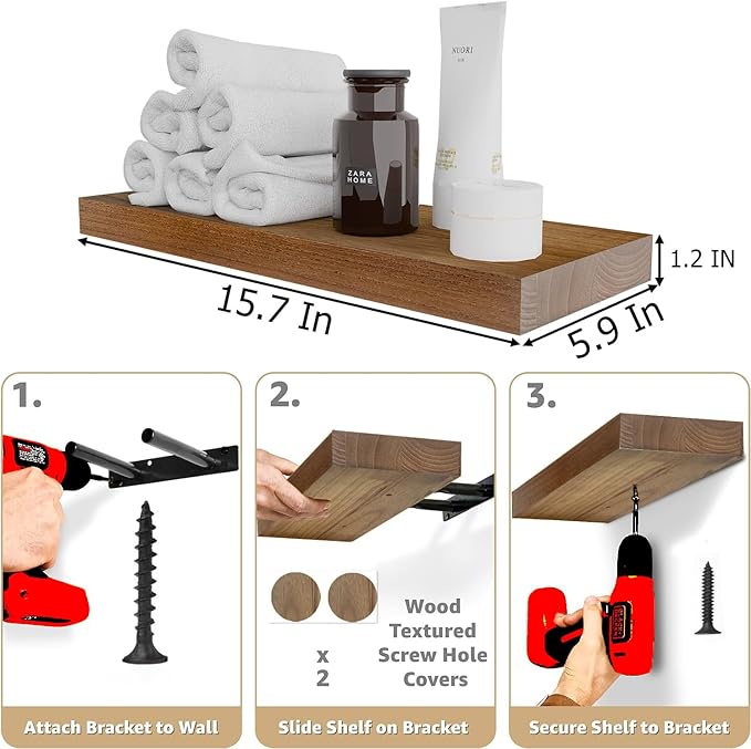 IAE Walnut Floating Wall Shelves 16 inch, Bathroom Shelves Wall Mounted,Invisible Shelf Floating Kitchen Shelves,Wooden Wall 