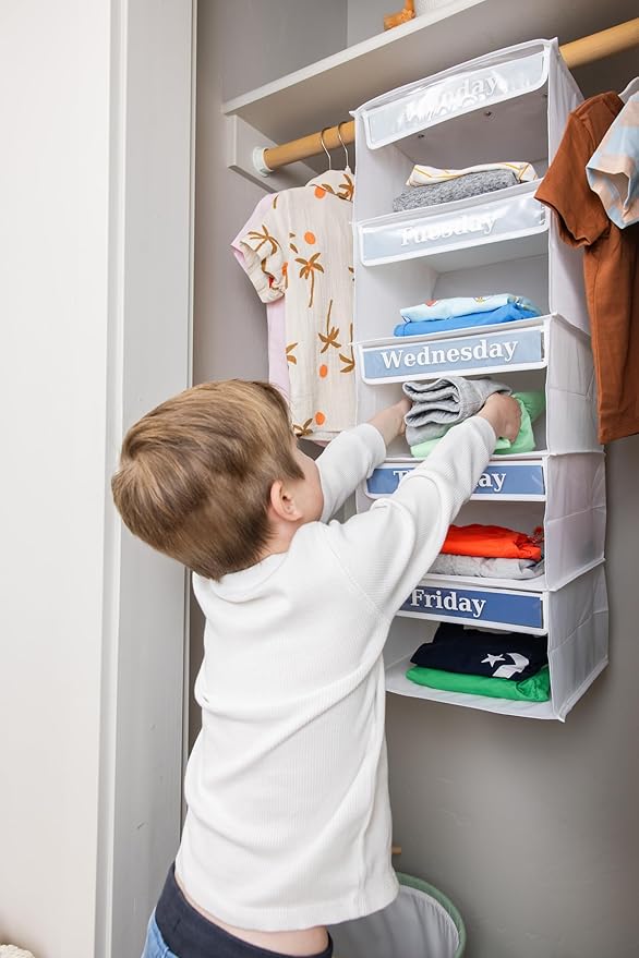 Three Sweet Peas Co Weekly Clothes Organizer for Kids – 5 Shelf Hanging Closet Storage for School Outfits | Monday to Friday 