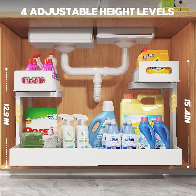 1 Pack Expandable Under Sink Organizers Storage With Upgrade Ball-Bearing Slide Tracks,2-Tier Pull Out Under Cabinet Organize