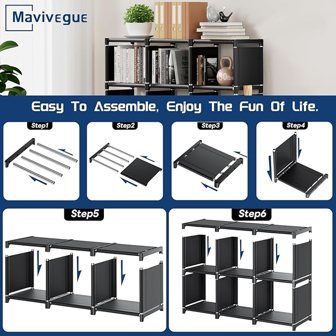 Mavivegue Book Shelf, 6 Cube Storage Organizer, DIY Bookcase, Metal Cube Bookshelf,Tall Book case for Bedroom, Living Room,Of