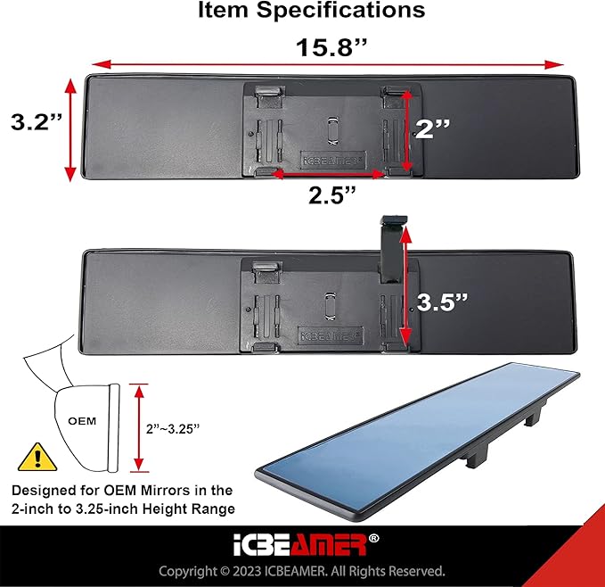 15.8" ICBEAMER Clip On Rear View Mirror | Flat Blue Tint Glass, Panoramic Wide Angle HD Glass, Anti Glare, Universal Fit for Car, SUV, Truck | Eliminates Blind Spots (1 Pack)