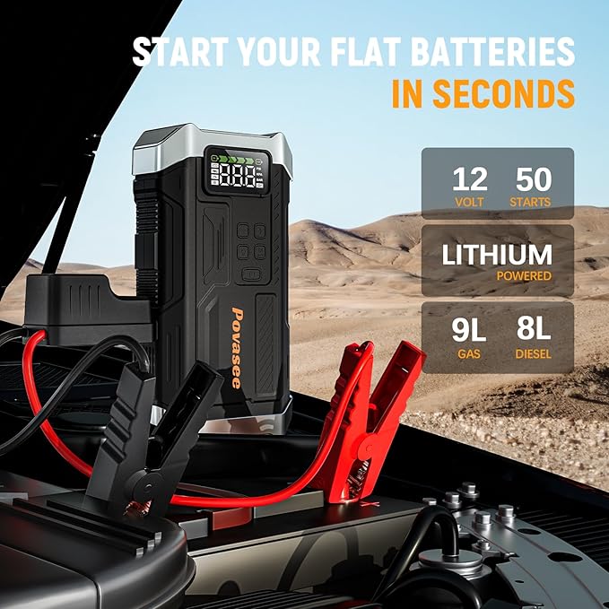 Povasee Jump Starter with Air Compressor 5000A Portable Jump Box up to 9L gas/8L Diesel,inflates Tires to 150PSI 12V Car